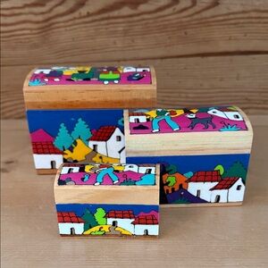 Salvadoran Folk Art 3 Handmade Nesting Wood Boxes